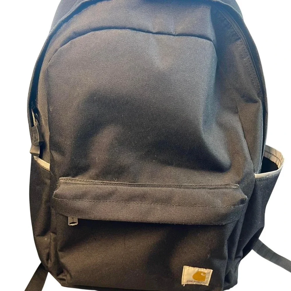 Black Carhartt canvas WIP backpack with bottle holder/ pocket